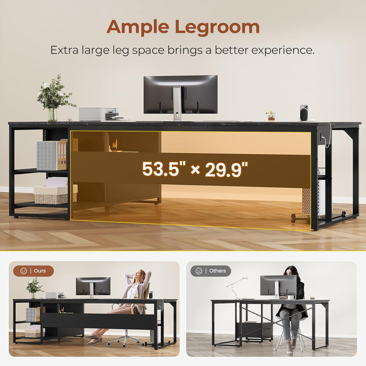 UPOSOJA 71' Executive Desk, Large Office Desk with Widen File Drawers & Power Outlets, Reversible L Shaped Computer Desk Corner Desk with Storage Shelves, CPU Stand, Hooks, Business Furniture (Black)