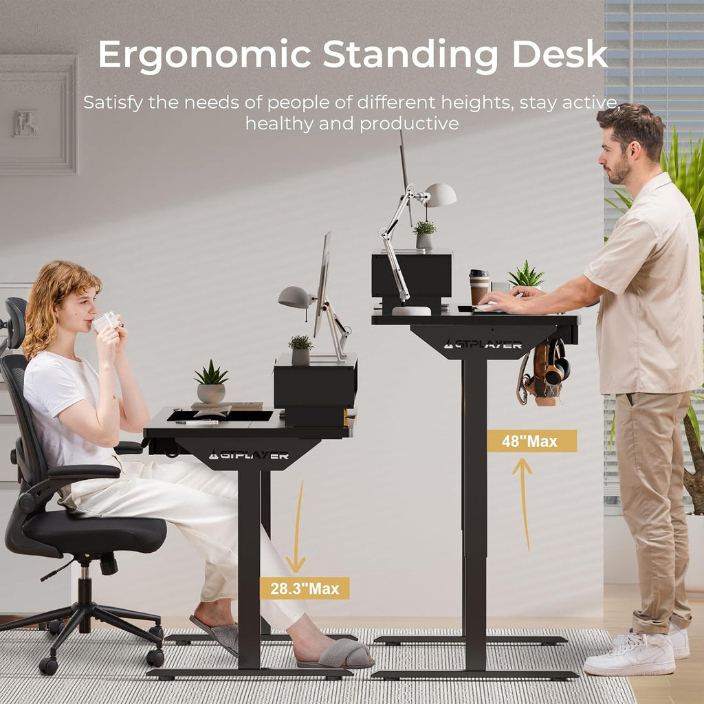 GTPLAYER Electric Standing Desk with Drawers, 55 x 24 Inch Height Adjustable Gaming Desk with Monitor Stand, Power Outlets & LED Lights, Home Office Sit Stand Up Desk with Memory Preset (Ebony Black)