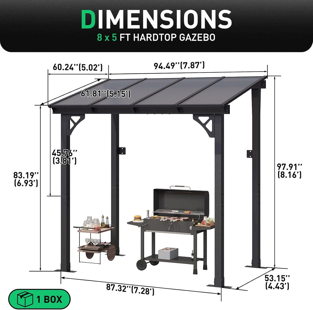 Aoxun 8' x 5' Pergola for Patio, Gazebo with Sloped Roof, Grill Pergola Large Wall-Mounted Heavy Duty Awnings, for Backyard, Deck, Patio