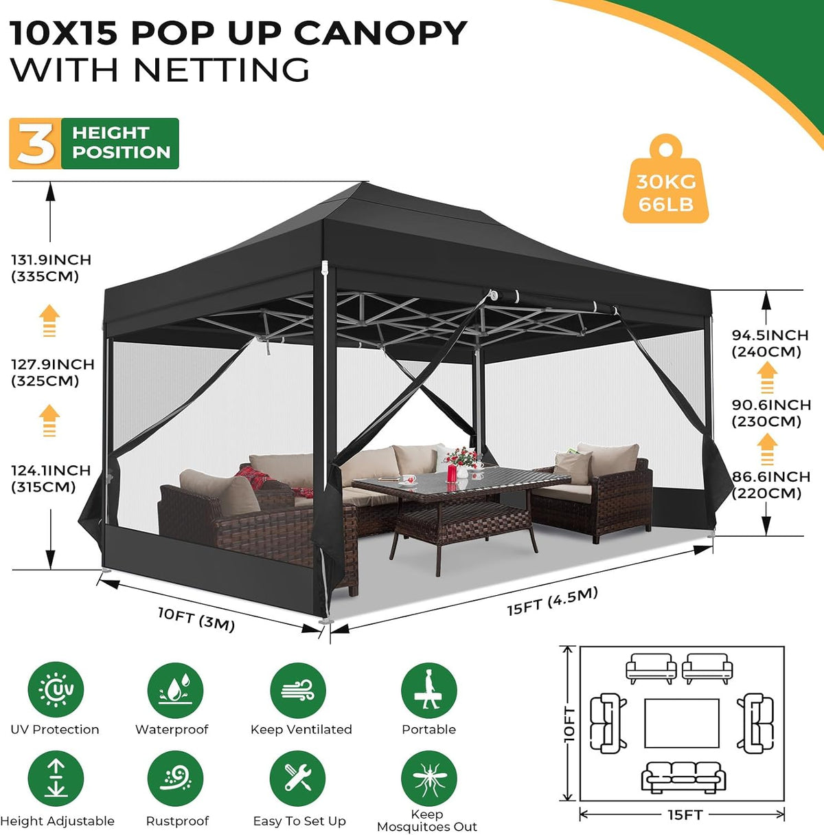 COBIZI 10x15 Heavy Duty Pop Up Canopy with 4 Sidewalls, Commercial Gazebo Party Tent with Mosquito Netting Wall Easy Set Up Outdoor Instant Screen Tent for Backyard, Patio, Garden, Black