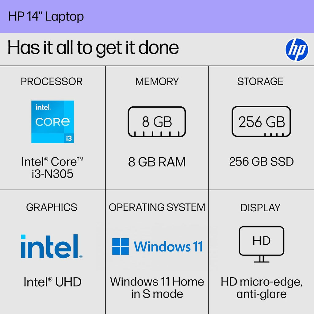 HP 14 inch Laptop, HD Display, Intel Core i3-N305, 8 GB RAM, 256 GB SSD, Intel UHD Graphics, Windows 11 Home in S Mode, Natural Silver, 14-ep0299nr