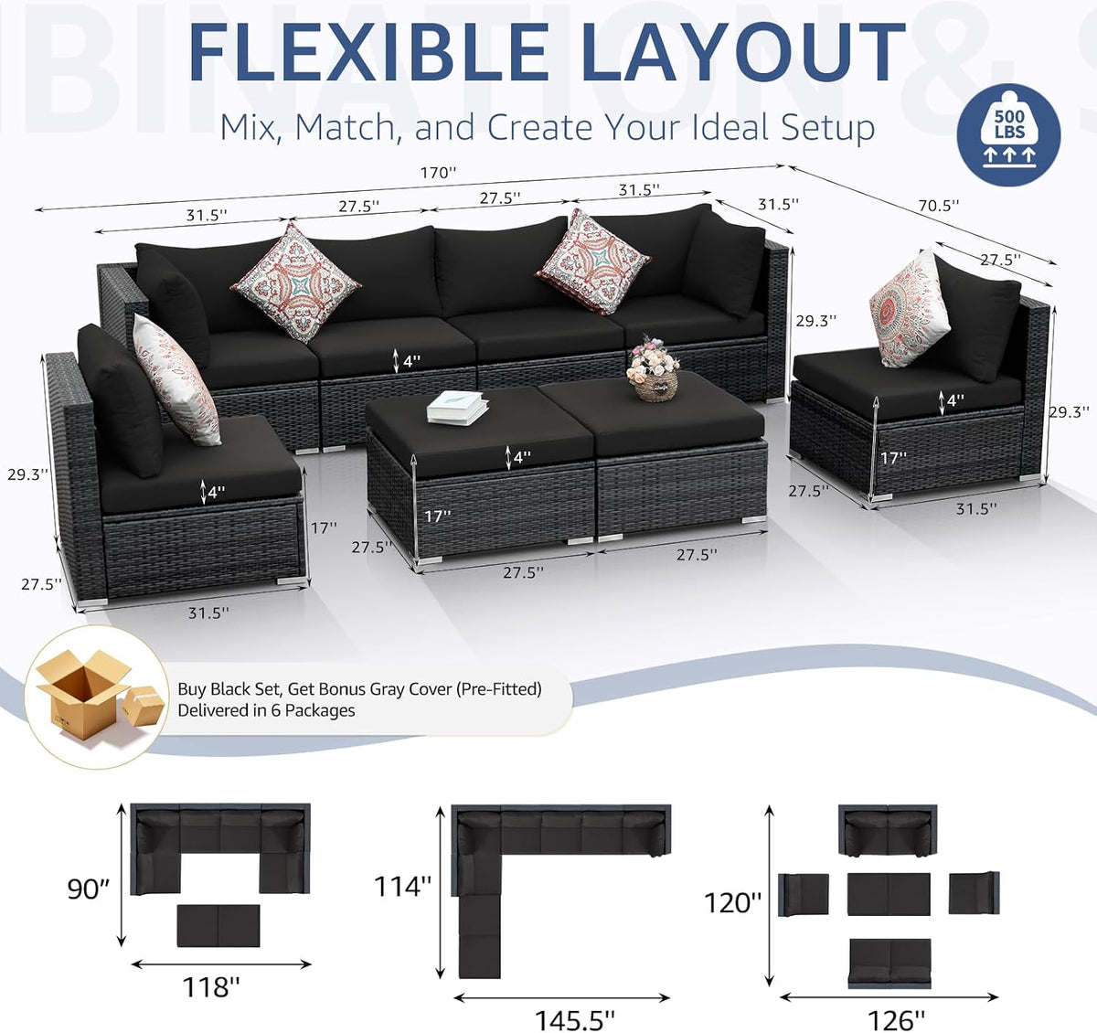 NICESOUL 8 Piece Outdoor Patio Set, 29.3'' High Back Extra Large Wicker Patio Furniture, Deep Seating Comfy L Shaped Modular Sectional Set of 8, Modern Wide Conversation, 2 Color Cushion Black & Gray