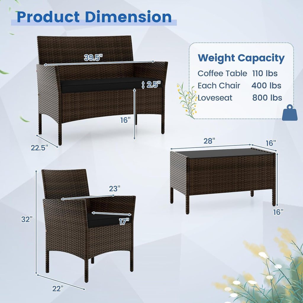 HAPPYGRILL 4 Pieces Outdoor Rattan Conversation Set, Patio Wicker Furniture Set with Loveseat Chairs & Tempered Glass Coffee Table, Outside Sectional Sofa Set for Backyard Garden & Poolside