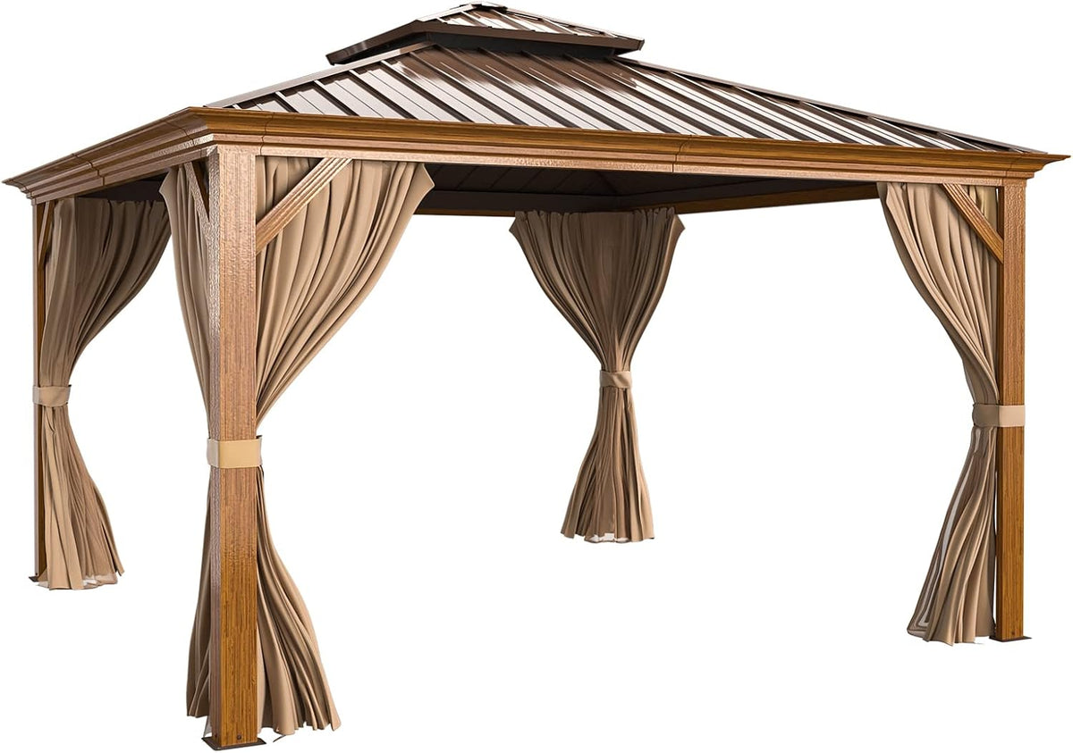EROMMY 12'x12' Hardtop Gazebo, Wood Grain Aluminum Frame Outdoor Gazebo with Double Galvanized Steel Roof, Permanent Metal Pavilion with Curtains and Nettings for Patio, Backyard, Deck and Lawns