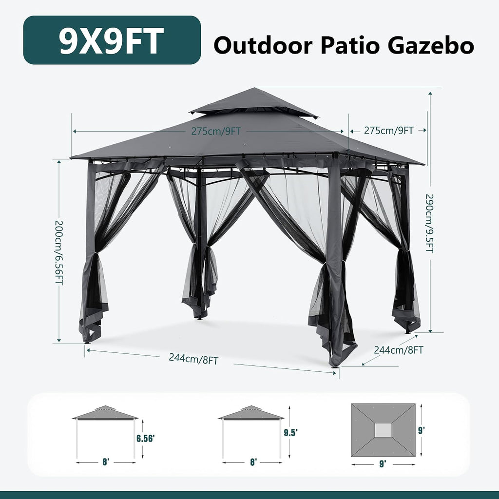 MASTERCANOPY Outdoor Garden Gazebo for Patios with Stable Steel Frame and Netting Walls (9x9,Dark Gray)