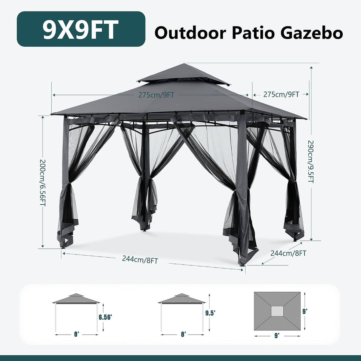 MASTERCANOPY Outdoor Garden Gazebo for Patios with Stable Steel Frame and Netting Walls (9x9,Dark Gray)