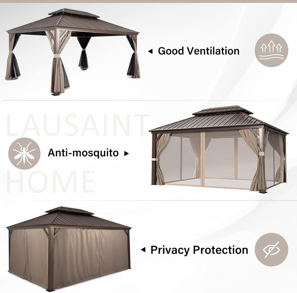 LAUSAINT HOME 10'x12' Hardtop Gazebo with Nettings and Curtains, Waterproof Permanent Heavy Duty Double Hard Roofs Gazebos with Brown Aluminum Frame for Lawn, Party