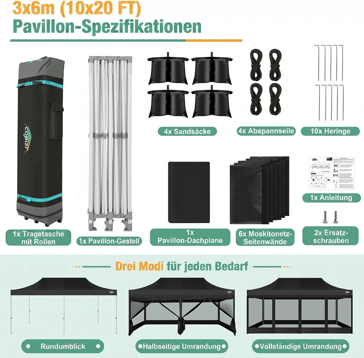COBIZI 10x20 Canopy Tent, Heavy Duty Pop up Canopy with Sidewalls, Waterproof Easy Setup Canopy with Mosquito Netting, Outdoor Instant Screen Tents for Parties, Wedding with Roller Bag, Black