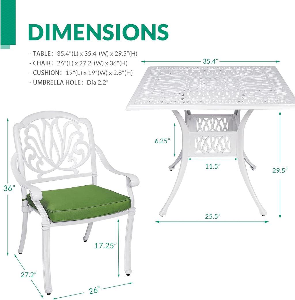 VIVIJASON 5-Piece Patio Furniture Dining Set, All-Weather White Cast Aluminum Outdoor Conversation Set, Include 4 Cushioned Chairs and a 35.4' Square Table w/Umbrella Hole for Balcony Lawn Garden