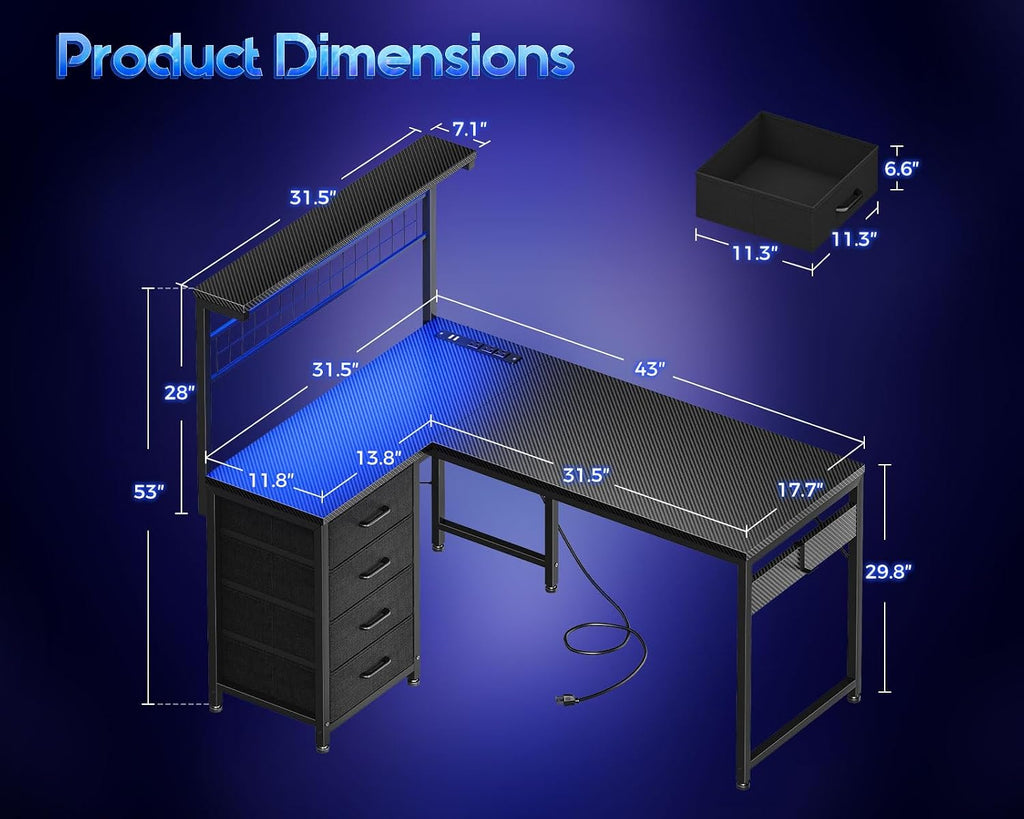MOTPK 43' L Shaped Gaming Desk for Small Rooms, Compact Corner Computer Table with Shelf & Hutch, 4 Drawers, Reversible Study Desk with LED Light, Power Outlets & USB Ports, Black Carbon Fiber