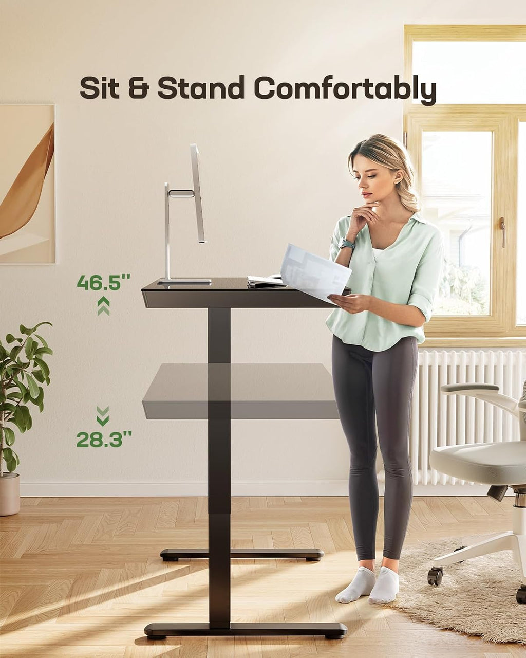Marsail Glass Standing Desk with Drawer,55 x 28 inch Electric Standing Desk, Sit Stand Desk with One-Piece Tabletop & USB Charging Ports, Height Adjustable Desk with Storage for Home & Office Black