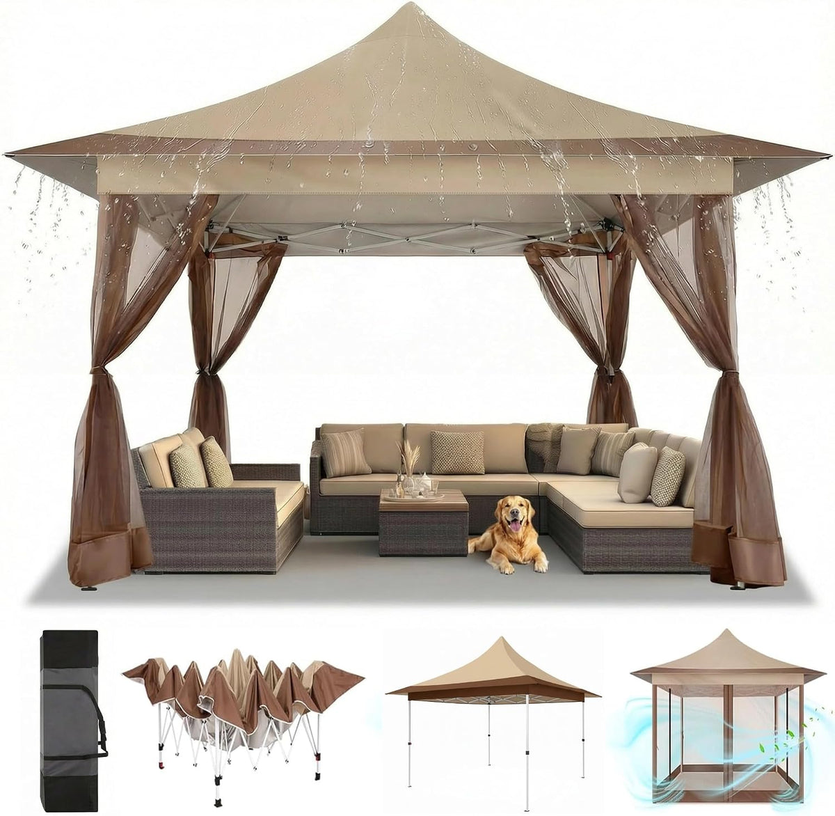 COBIZI 12x12 Pop Up Gazebo On Clearance Canopy Tent Easy Up Outdoor Gazebo Waterproof Upgrade with Mosquito Nettings and Carry Bag for Patio Garden Lawn（Khaki）
