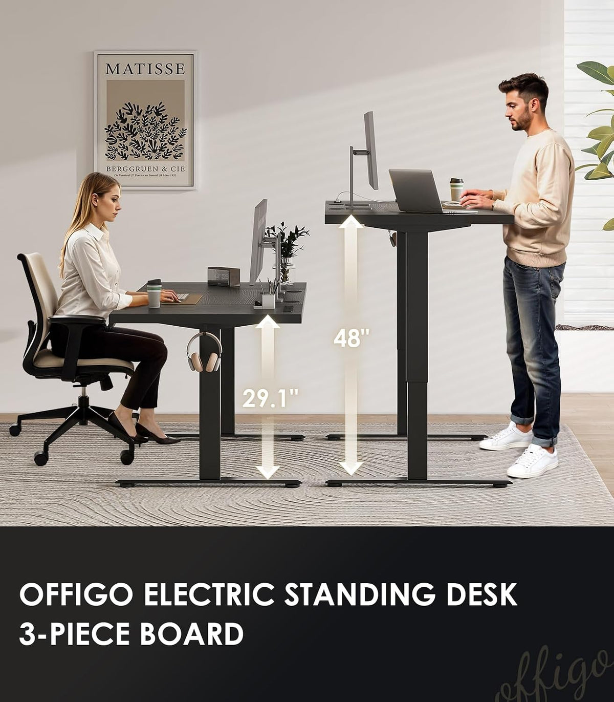 OffiGo 71 Inch Executive Electric Standing Desk, Height Adjustable Desk with Power Outlet & 1.38' Thick 3-Piece Desktop, Sit Stand Computer Desk for Home, Office, Conference Room, Black