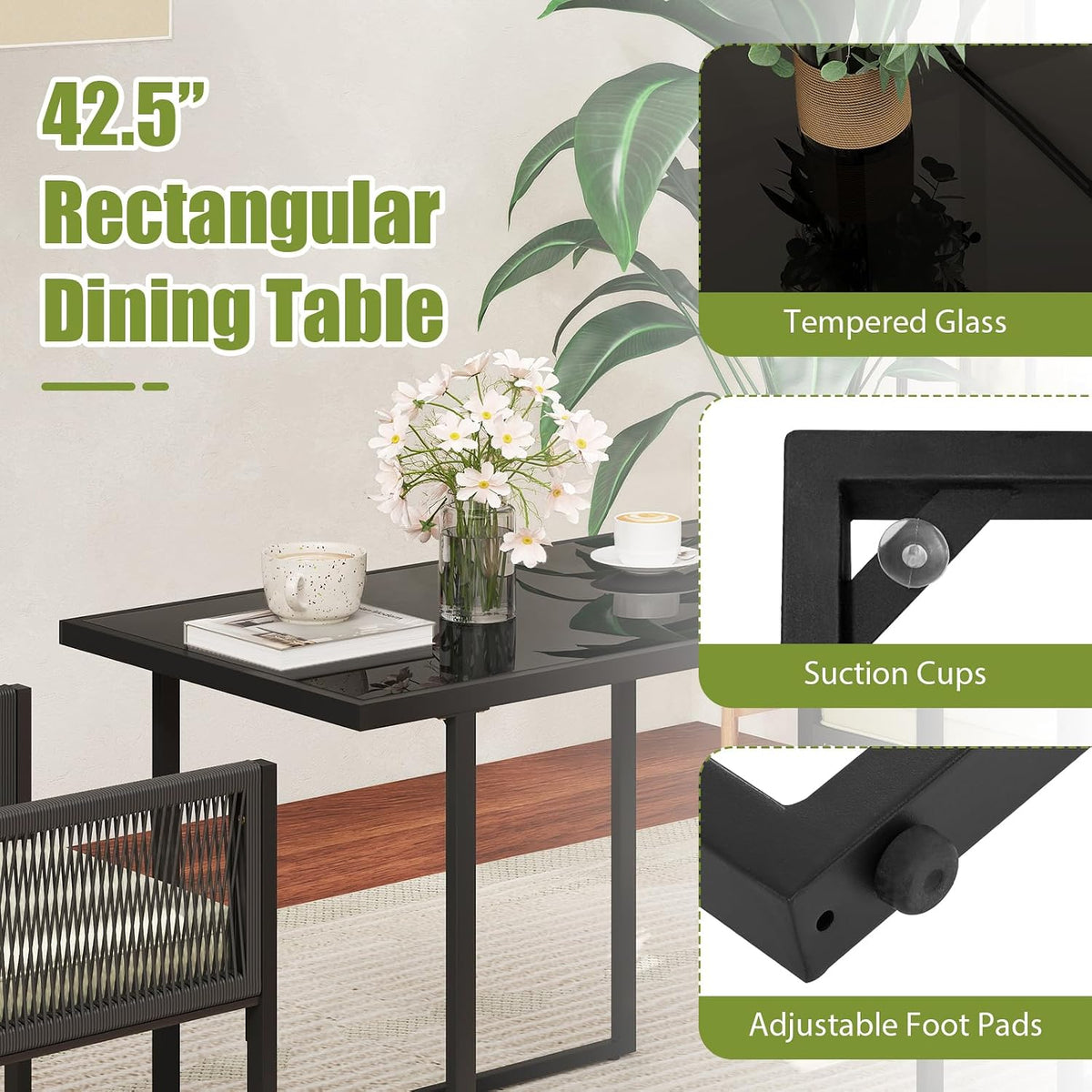 DORTALA Wicker Outdoor Bistro Set 3 Piece, Small Patio Furniture Dining Set with with Cushions, Tempered Glass Tabletop, All- Weather Table and Chairs for Backyard, Balcony, Poolside, Black+White
