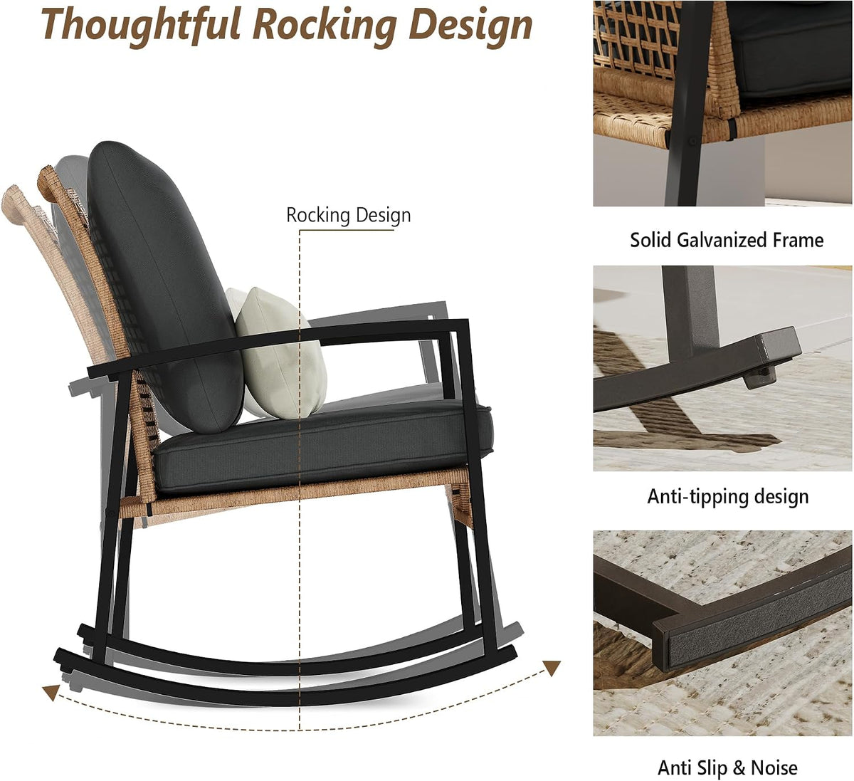 3 Piece Patio Rocking Chairs Set of 2, Outdoor Rocking Chair Bistro Set with Tempered Glass Coffee Table and Thick Lumbar Pillow Set, Front Porch Chairs for Garden, Backyard (Gray Cushion)