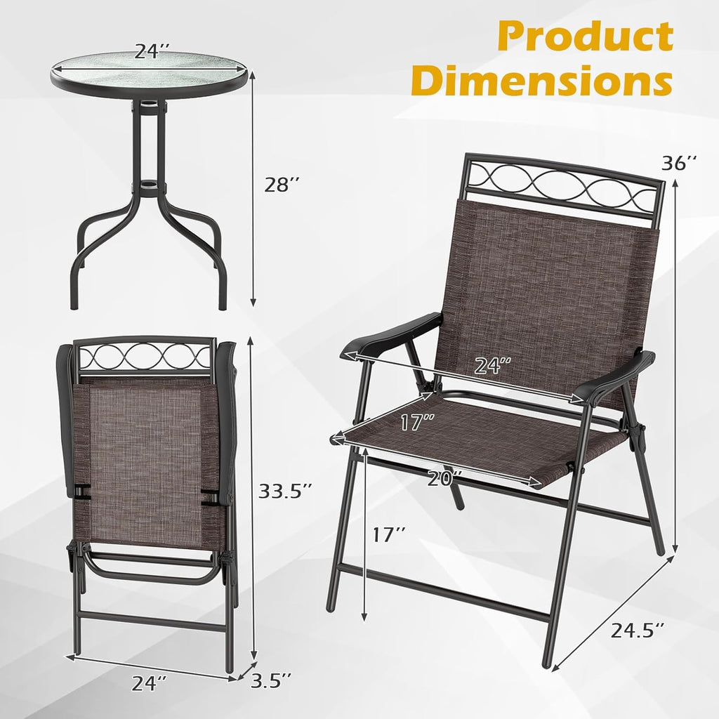 HAPPYGRILL 3 Pieces Patio Dining Set with Round Glass Table, Folding Chairs, Outdoor Chairs Table Set with Umbrella Hole for Garden Poolside Backyard