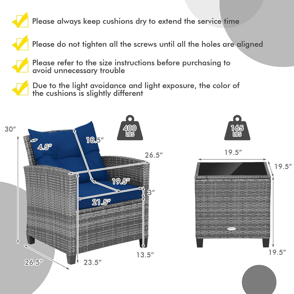 HAPPYGRILL 3 Pieces Patio Conversation Set, Outdoor Furniture Set PE Rattan Sofa Set with Removable Cushions, PE Wicker Chairs with Tempered Glass Side Table for Porch Lawn Garden Balcony Backyard