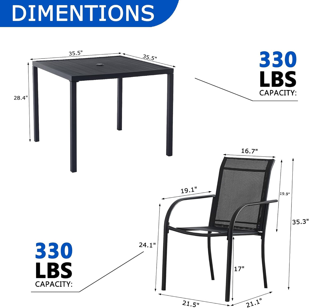 5-Piece Outdoor Dining Set, 35.5' Square Metal Patio Table with Black Chairs, Black Table with Umbrella Hole for Garden, Yard, Patio