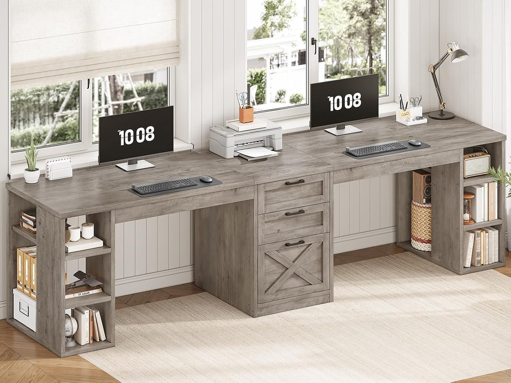 SEDETA Farmhouse 96.5' Computer Desk with Drawers, 2 Person Home Office Desk, Gaming Double Desk with Storage Shelves, Long Two Person Writing Desk (Grey)