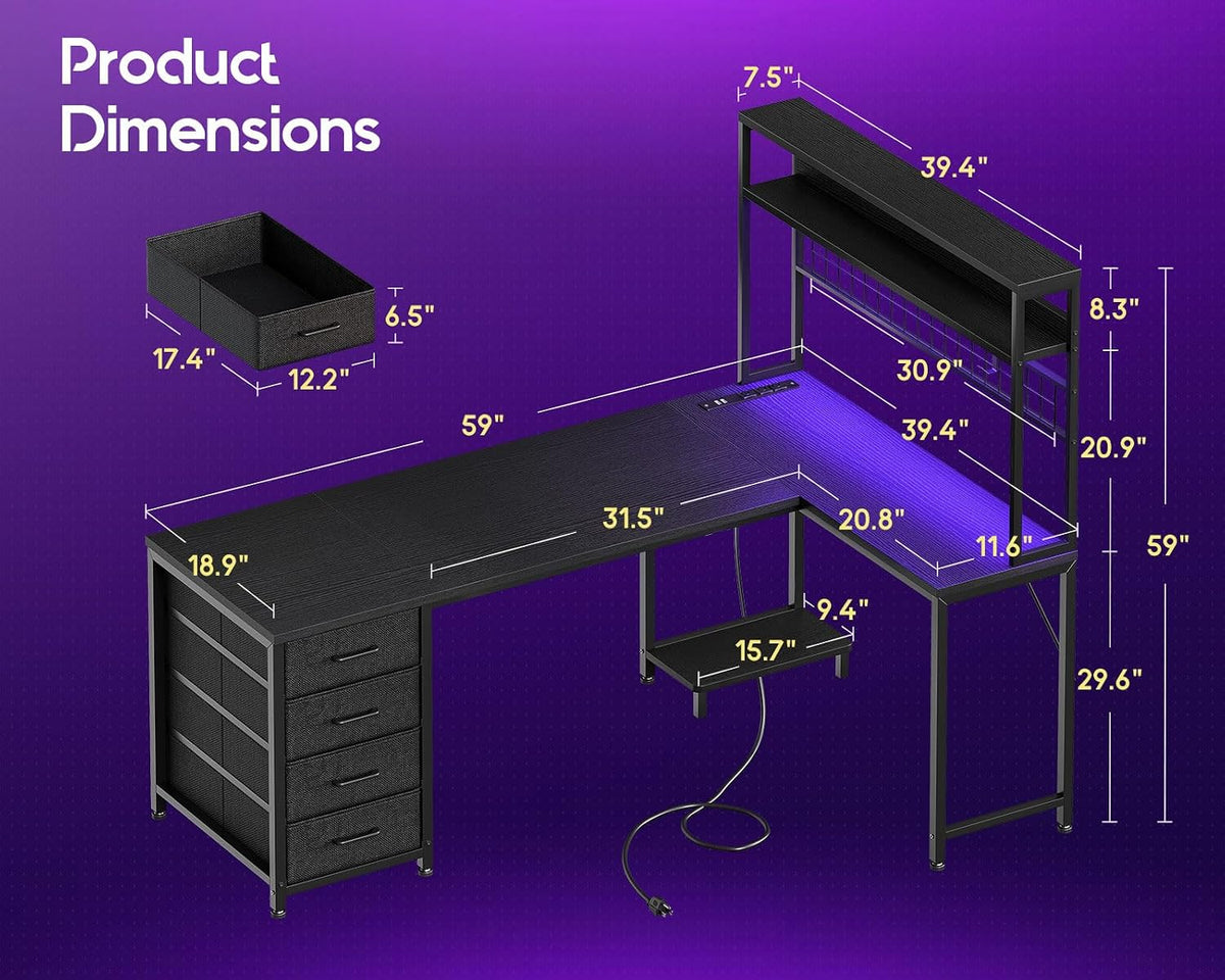 AODK L Shaped Gaming Desk with 4 Drawers, 59' Reversible Computer Desk with Hutch and Shelves, Gamer Desk with LED Lights, Power Outlets, Home Office Corner Desk with Gird Pegboard, Black