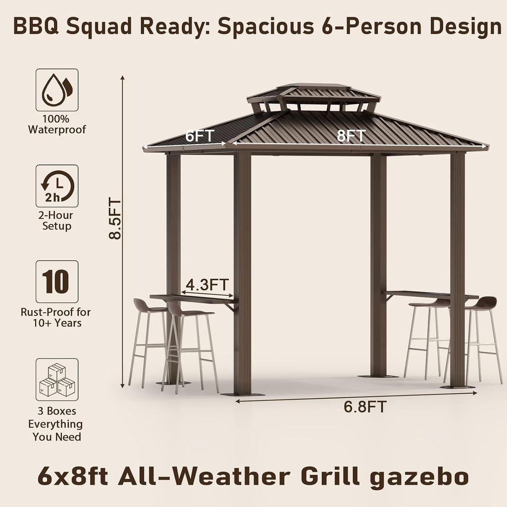 Hoteel 6x8ft Hardtop Grill Gazebo, Outdoor Patio Aluminum Frame Barbecue Gazebo with Galvanized Steel Double Roof and 2 Side Shelves for Deck Lawn Backyard Garden and Party, Brown(2026 Version)