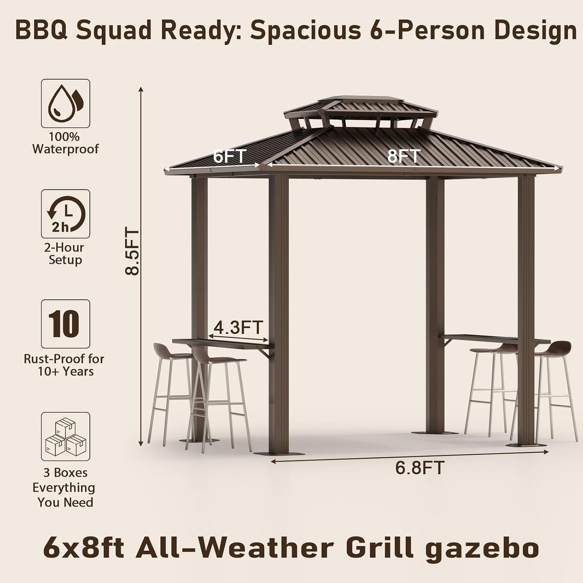 Hoteel 6x8ft Hardtop Grill Gazebo, Outdoor Patio Aluminum Frame Barbecue Gazebo with Galvanized Steel Double Roof and 2 Side Shelves for Deck Lawn Backyard Garden and Party, Brown(2026 Version)