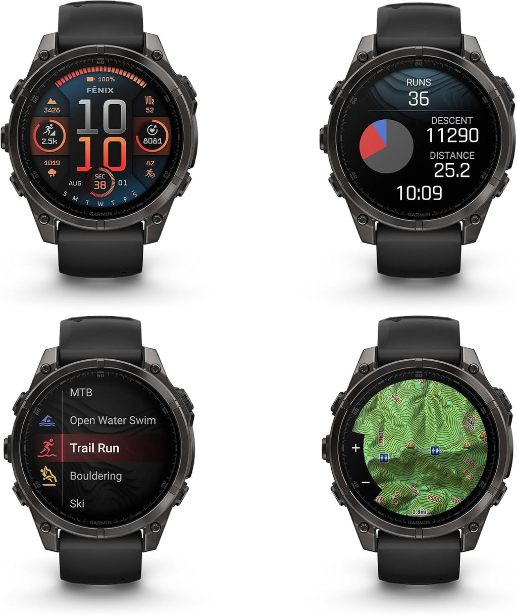 Garmin Fenix 8 47MM AMOLED Sapphire Premium Multisport GPS Smartwatch Carbon Gray DLC Titanium with Black Gray Silicone Band, Built-in LED Flashlight, Fitness & Health Smart Watch Bundle for Men