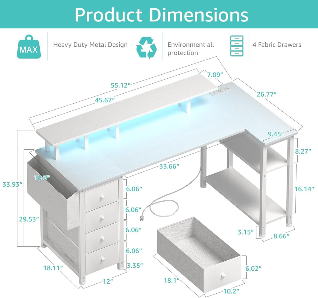 Lufeiya White L Shaped Computer Desk with Fabric Drawers, 55 Inch Corner Home Office Desk with Monitor Stand Shelves, Writing Study Gaming Desks with Led Lights and Power Outlets for Bedroom, White