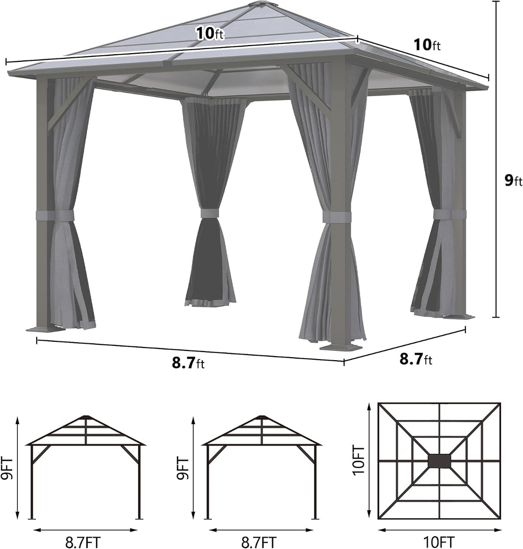 10x10FT Gazebo Hardtop, Outdoor Patio Gazebos with Polycarbonate Roof & Steel Frame, Outdoor Pavilion with Gray Curtain&Netting for Backyard/Lawn/Garden/Deck