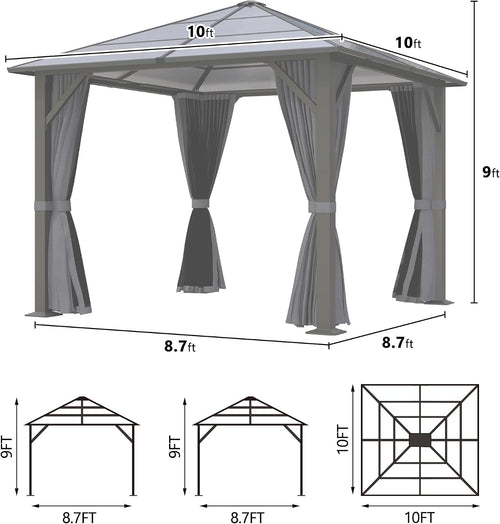 10x10FT Gazebo Hardtop, Outdoor Patio Gazebos with Polycarbonate Roof & Steel Frame, Outdoor Pavilion with Gray Curtain&Netting for Backyard/Lawn/Garden/Deck