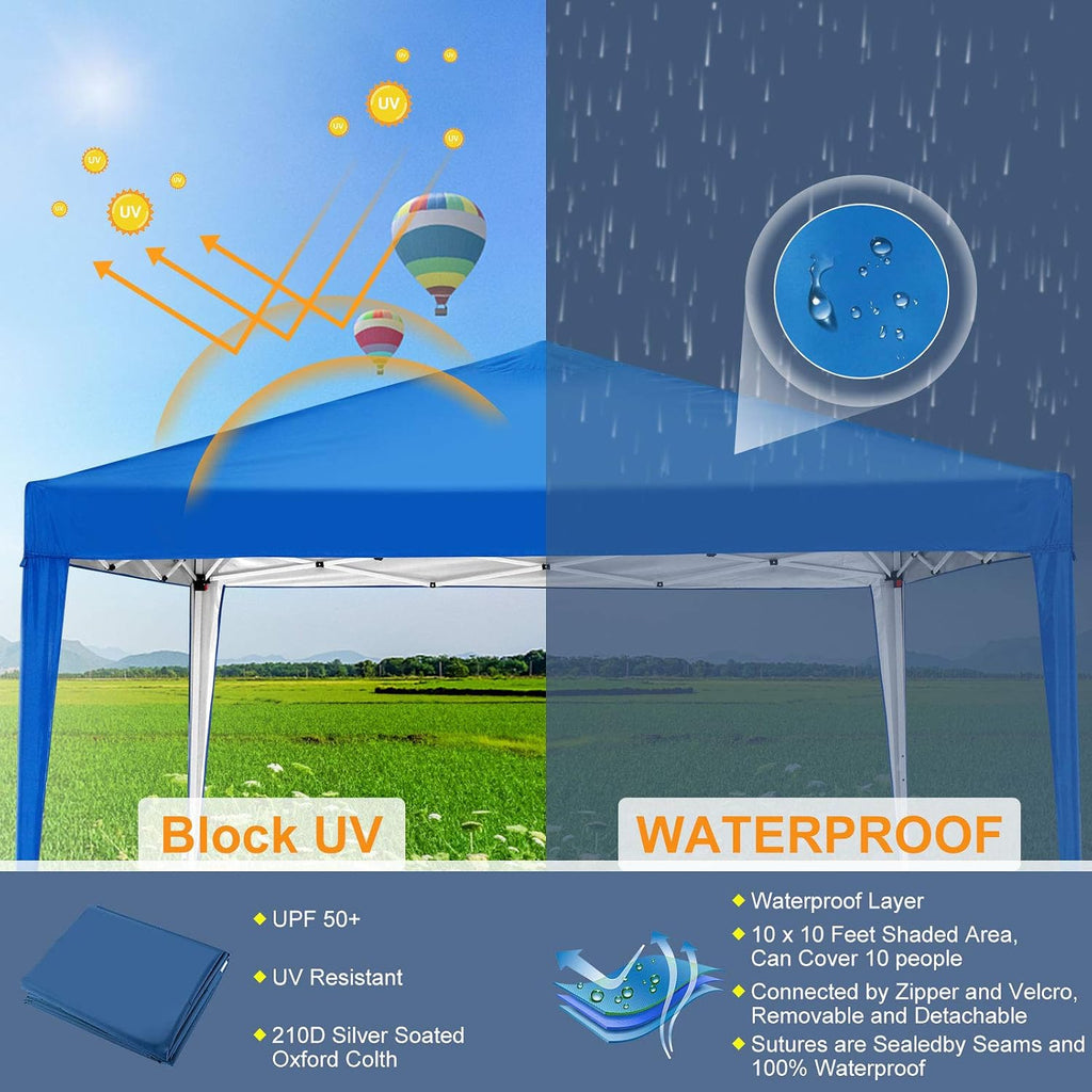 COBIZI Pop-Up-Pavillon, 3 x 3 m, Wasserdicht, sofortige Baldachin, silberbeschichtet, 99% UV-Schutz, mit verstellbaren Beinhöhen, 4 Gewichtstaschen, Heringen und Seilen (Blau)