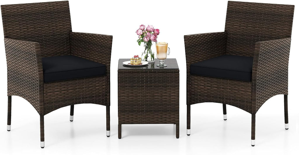KOTEK 3 Piece Patio Furniture Set, Outdoor Wicker Patio Chairs with Soft Cushions & Tempered Glass Top Table, PE Rattan Bistro Set for Porch, Garden, Balcony (Black)