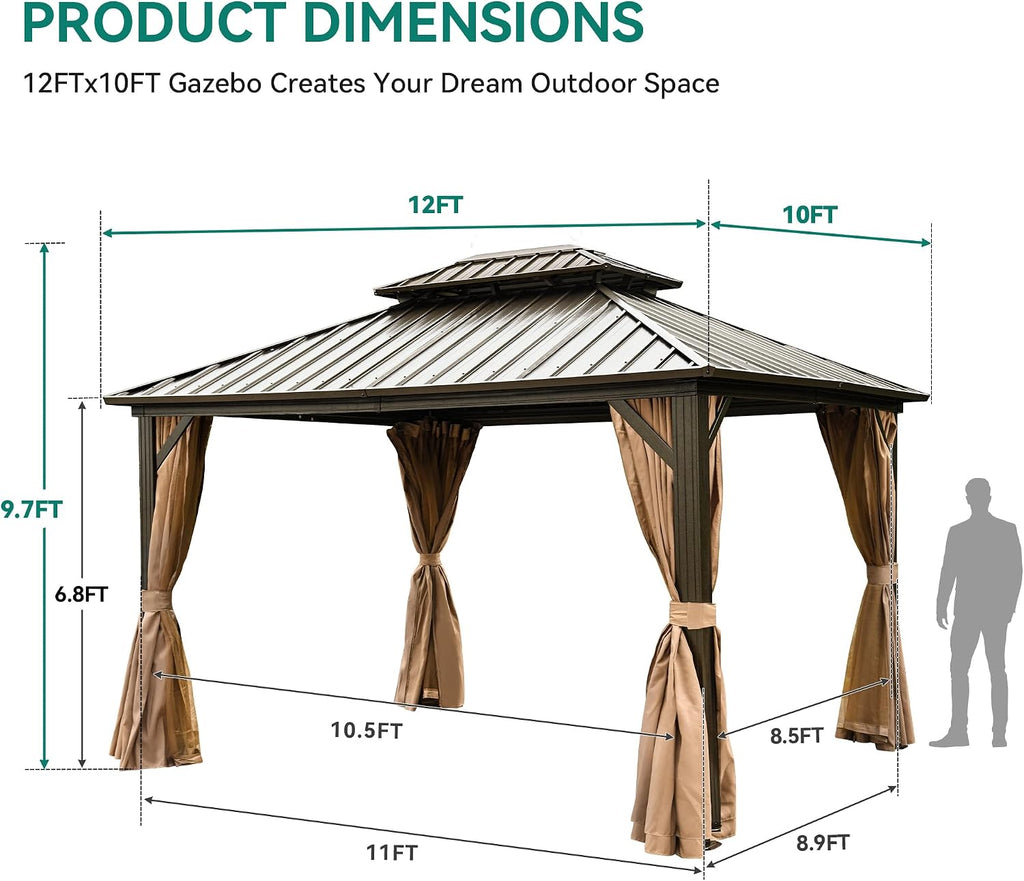 YITAHOME 10x12ft Gazebo Hardtop with Nettings and Curtains, Heavy Duty Double Roof Galvanized Steel Outdoor 2-Tier Aluminum Frame Garden Tent for Patio, Backyard, Deck and Lawns, Bronze
