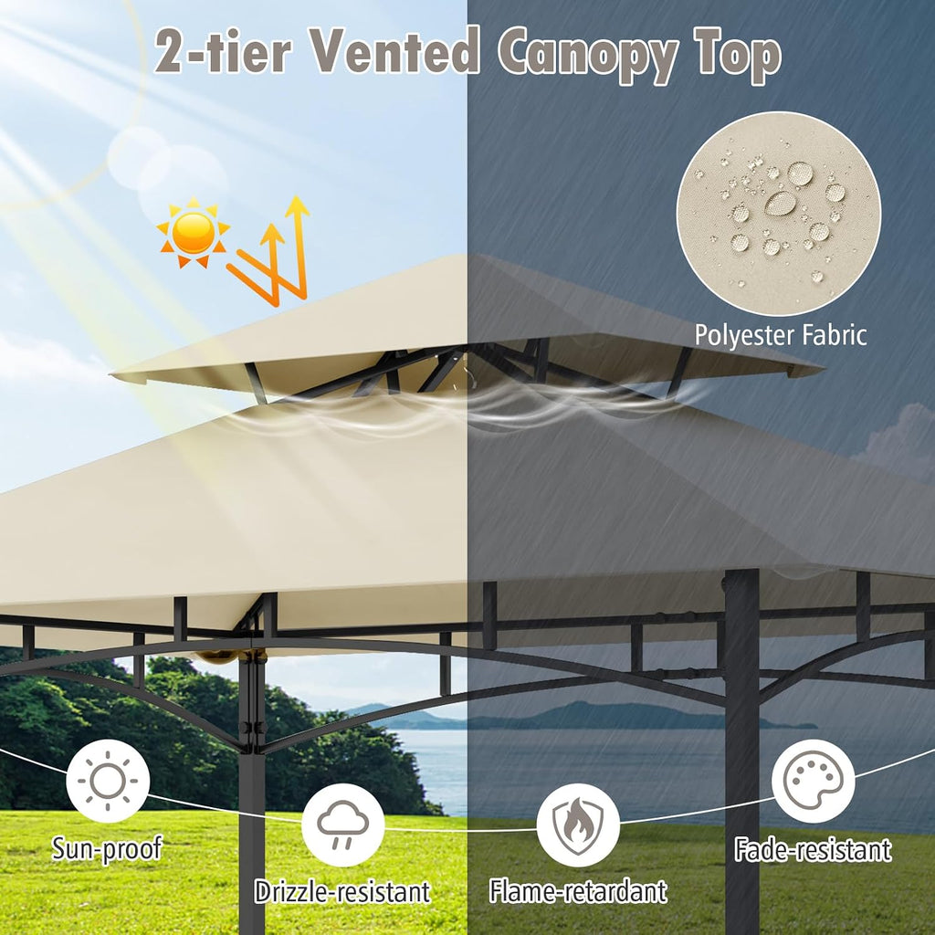 Tangkula 8x5 Ft Grill Gazebo, 2-Tier Barbecue Gazebo with 2 Shelves, 20 Hanging Hooks, Bottle Opener & Storage Basket, Outdoor Grill Canopy for Backyard Garden Poolside (Beige)