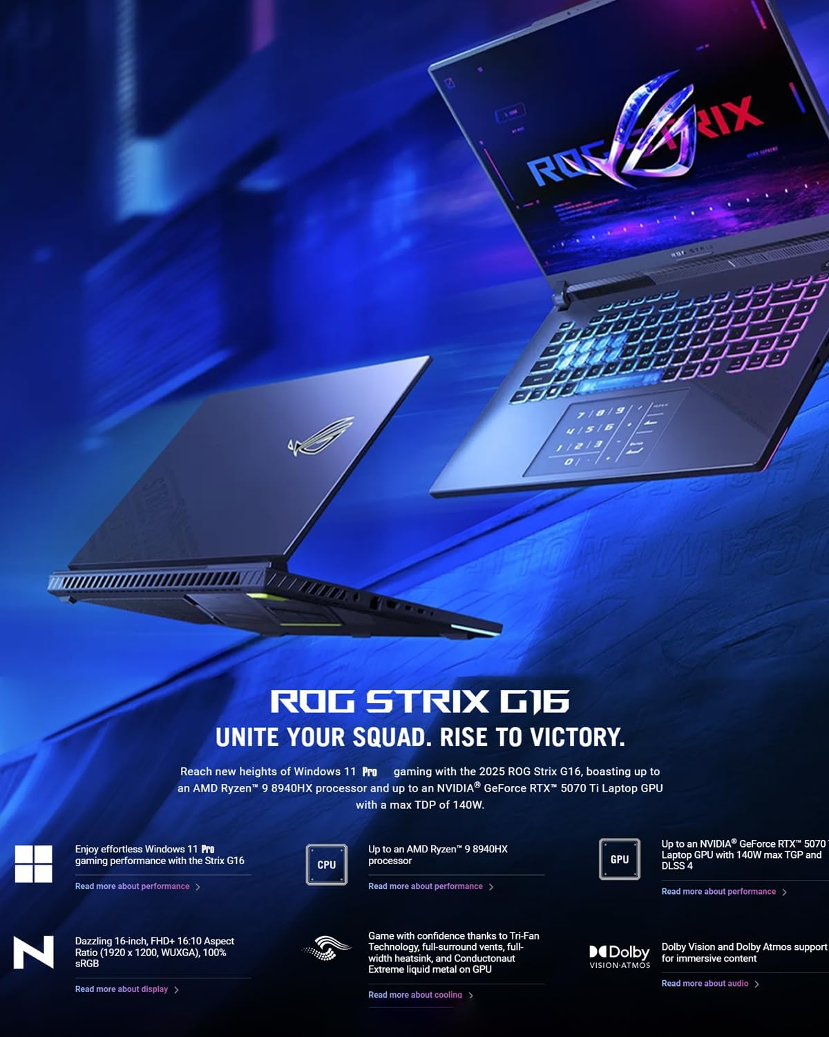 ASUS ROG Strix G16 Gaming Laptop, AMD Ryzen 9 HX 8940HX (Up to 5.3 GHz), NVIDIA GeForce RTX 5070 Ti, 16 inch 165Hz 300 nits Display, Anti-Glare, WiFi 6E, Backlit KB, Win11 Pro (64GB DDR5 | 4TB SSD)