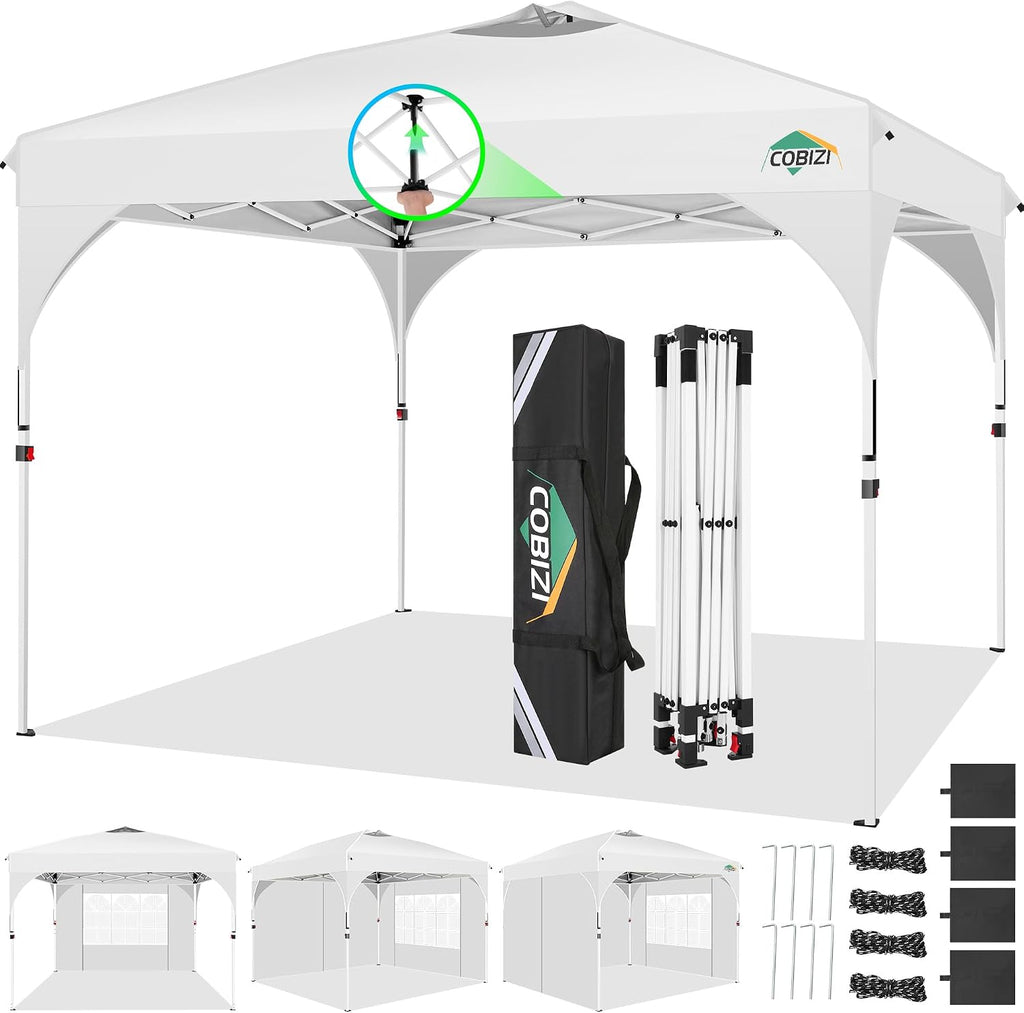 COBIZI 10x10 Pop up Canopy, Canopy Tent for Party with One Push Central Button Air Vent, Event Shelter with Sidewalls and Reflective Strip (White)