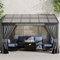 ALAULM 10'x 12' Outdoor Hardtop Pergola, Lean to Gazebo with Curtains and Netting,Large Wall-Mounted Heavy Duty Awnings for Patio, Backyard, Deck and Lawns-Grey