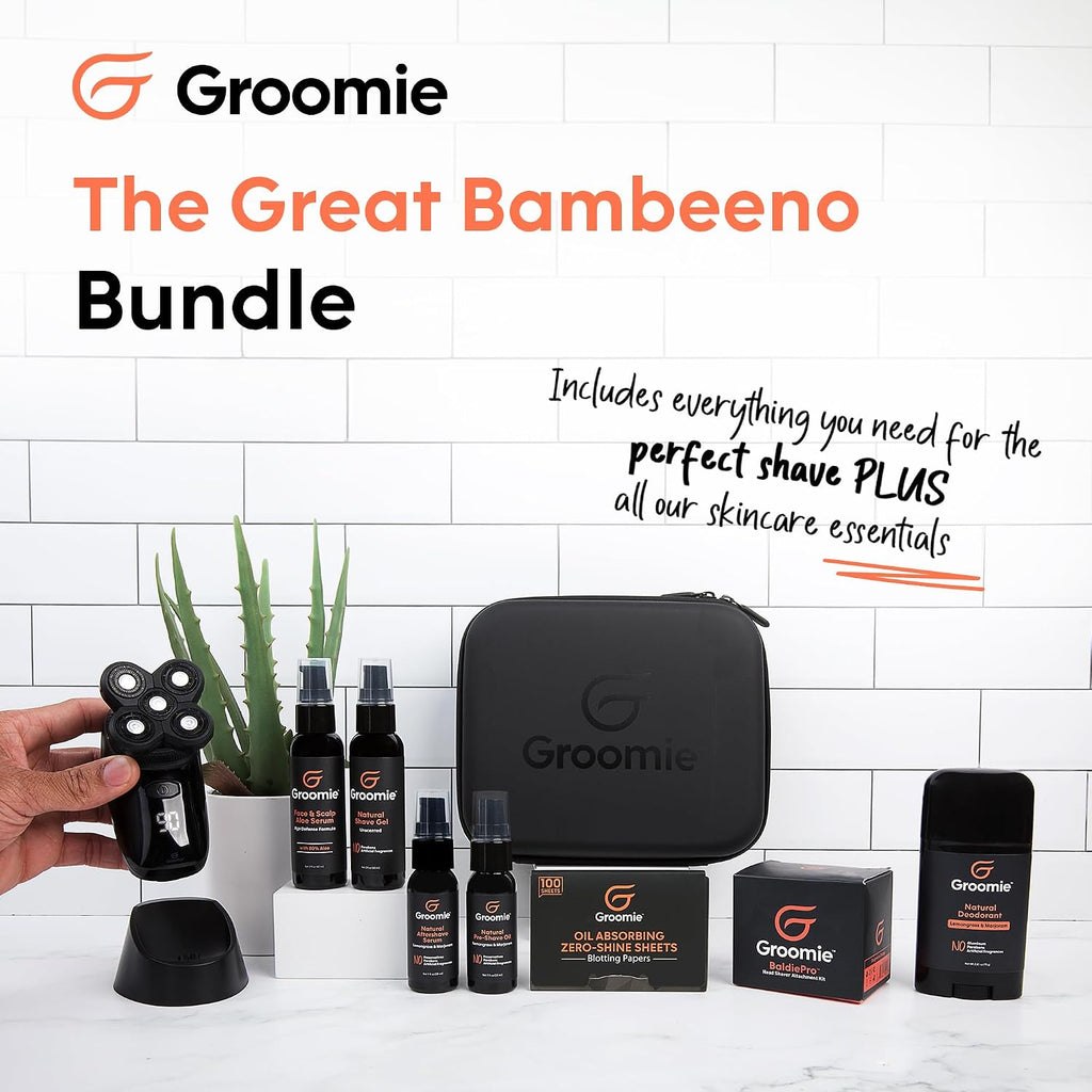 Groomie Mens Grooming Bundle - BaldiePro Electric Head Shaver for Bald Men Includes Travel Case, Charging Dock & Accessory Kit - Deodorant, Scalp & Face Serum, Shave Gel, Aftershave, Pre-Shave Oil