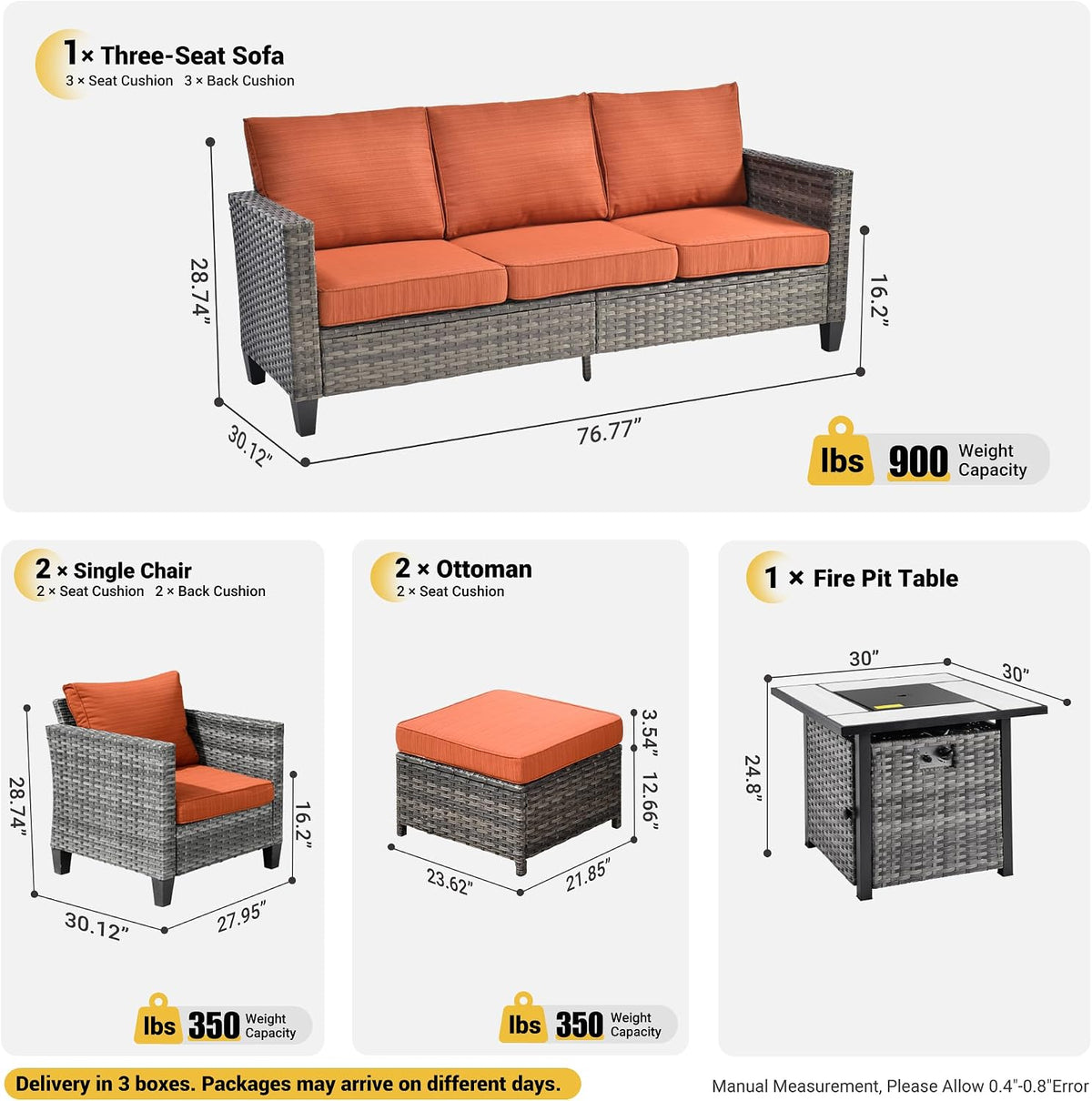 ovios 6 Pieces Patio Furniture Set with 30' Fire Pit Table, Outdoor Wicker Sofa with Comfy Cushions, All Weather High Back Rattan Couch Conversation Set, Orange Red