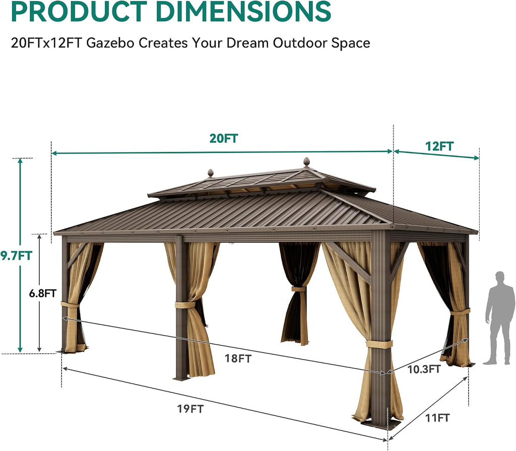 YITAHOME 12X20FT Hardtop Gazebo Double Roof Canopy Galvanized Iron Aluminum Pillar Garden Tent Curtains Netting for Patios Backyards Decks Lawns