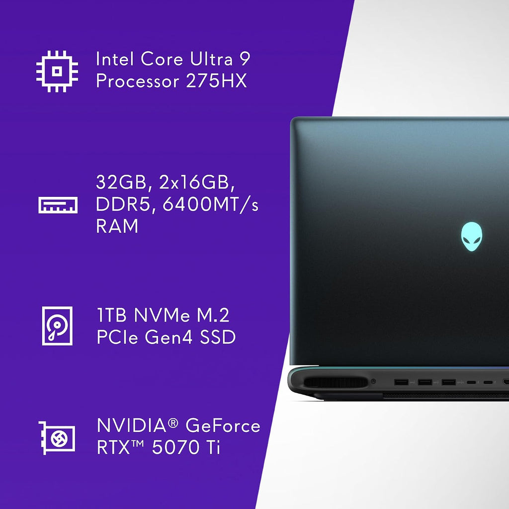 Alienware 16 Area-51 Gaming Laptop AA16250-16' WQXGA 240Hz Display, Intel Core Ultra 9-275HX, 32GB DDR5 RAM, 1TB SSD, NVIDIA GeForce RTX 5070Ti, Windows 11 Home, Onsite Service - Liquid Teal
