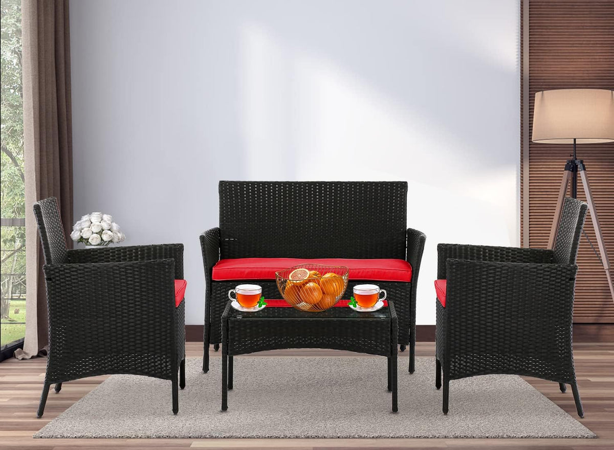 4 Pieces Patio Furniture Set Conversation Chairs, Outdoor Wicker Patio Set with Table Patio Seating Rattan Patio Sofa for Balcony Backyard Front Porch Decor Set with Cushion Seat, Blue