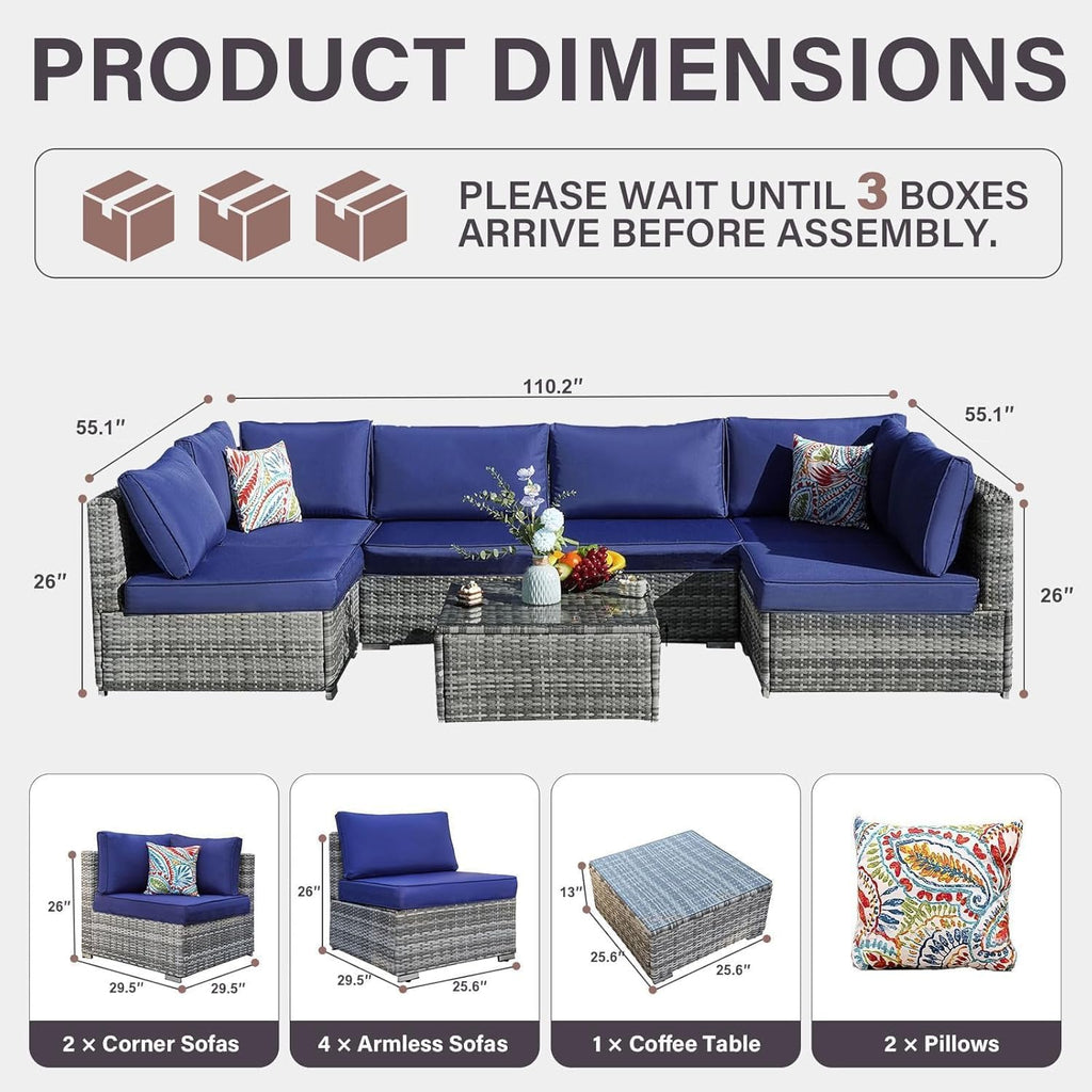 7-Piece Outdoor Patio Furniture Set – Handwoven All-Weather Rattan & 4' Thick Waterproof Cushions, Wicker Outdoor Conversation Sets with Coffee Table for Deck, Backyard, Garden, 2026, Blue/Grey