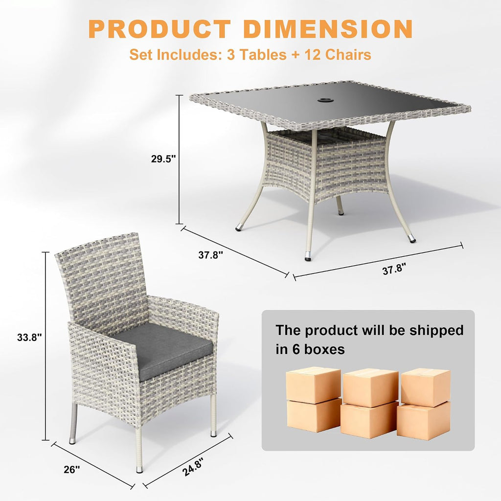 15-Piece Patio Dining Set, Patio Furniture Set with Square Tempered Glass Table & 12 Wicker Chairs, Expandable Design for Larger Groups, Outdoor Furniture for Backyard, Deck, Garden, Grey