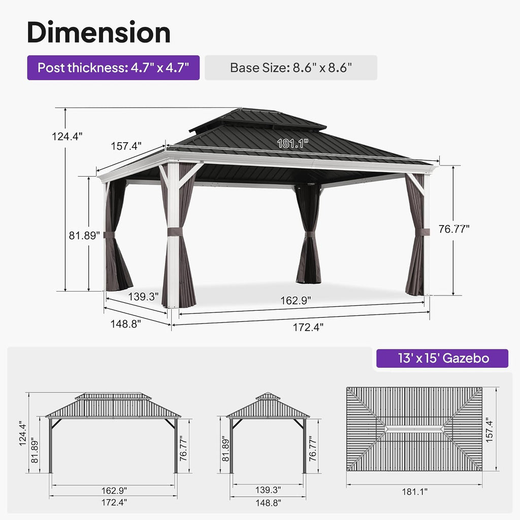 PURPLE LEAF 13' X 15' Hardtop Gazebo with Double Galvanized Steel Roof Awning and Upgrade Curtain for Patio Lawn and Garden, Grey