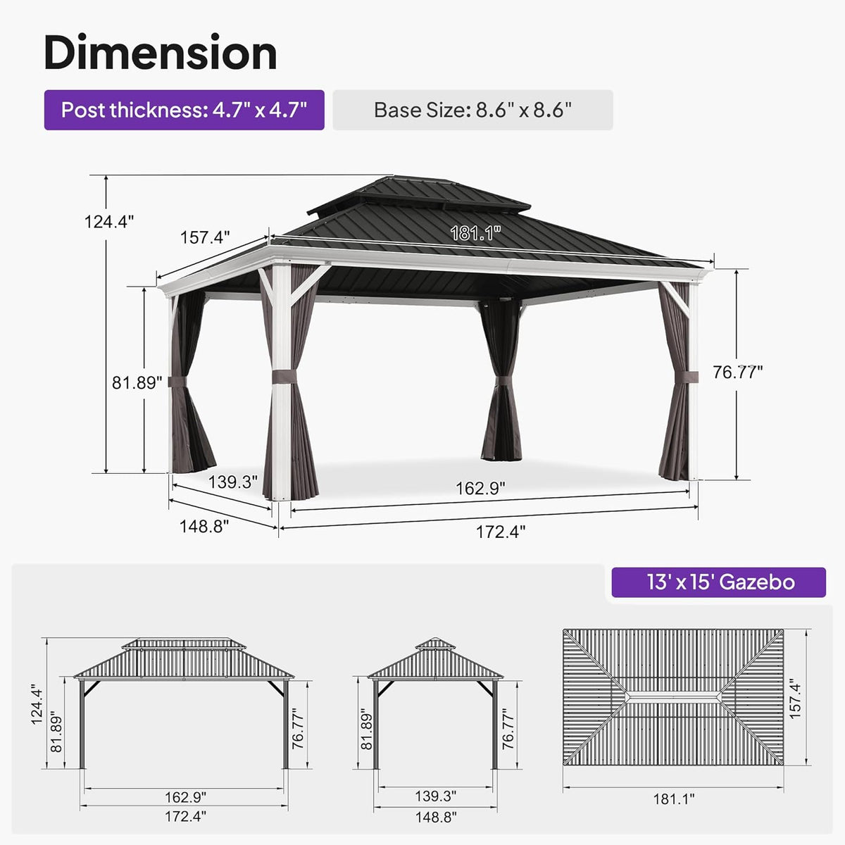 PURPLE LEAF 13' X 15' Hardtop Gazebo with Double Galvanized Steel Roof Awning and Upgrade Curtain for Patio Lawn and Garden, Grey