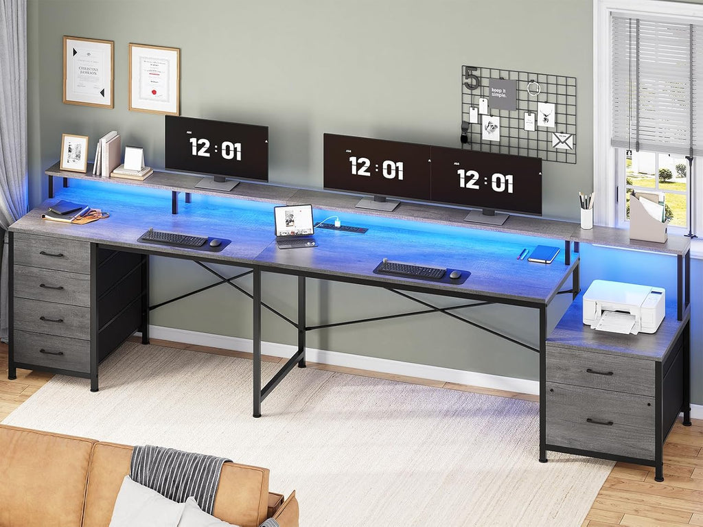 SEDETA L Shaped Desk with 6 Drawer, 108' Home Office Desk with File Drawer & Power Outlet, Corner Computer Desk with Monitor Shelf, Two Person Desk, Gaming Desk with Led Lights, Grey