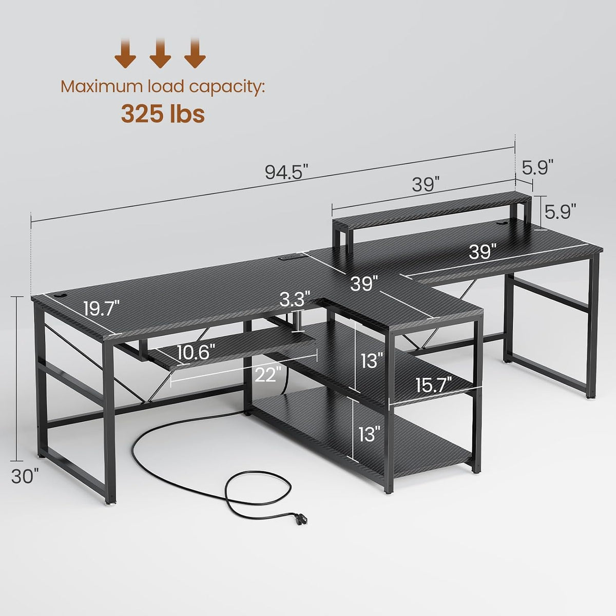 SEDETA 94.5' Gaming Computer Desk, 2 Person Office Desk with Storage, LED Lights, Power Strip, Long Desks with Keyboard Tray & Monitor Stand for Home Office, Carbon Fiber Black