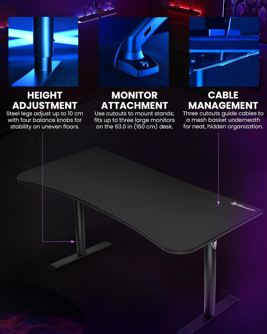 Arozzi Arena Large Gamer Desk - 63x32' Adjustable Height PC Gaming Desk With Storage For Cables & Triple-Monitor Support - Full-Surface Washable Mousepad - Pure Black