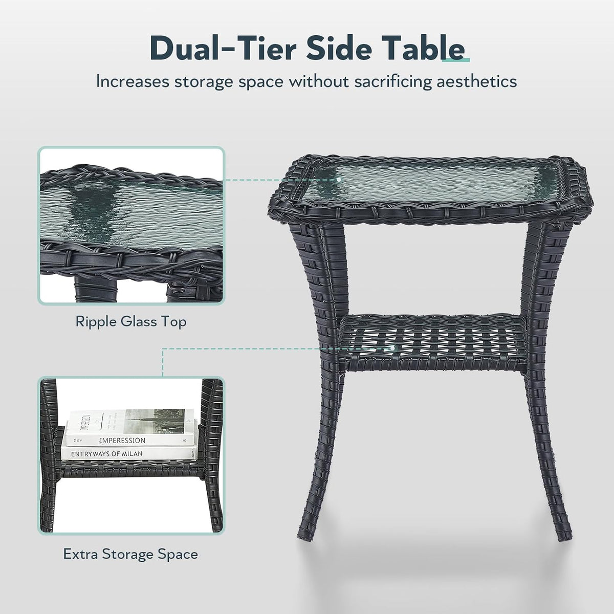 5 Piece Patio Furniture Set - Wicker Patio Conversation Set with Swivel Glider, 3 Seat Sofa, Tempered Glass Side Table and Coffee Table for Deck Backyard - Black Wicker Beige Cushion